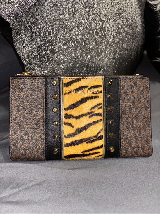 Michael Kors Handbags - Michael Kors Brown MK Monogram Clutch with Tiger-Print Accent